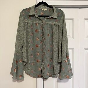 KORI America Moss Green Floral Button Down Bell Sleeve Size Large